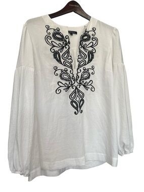 Nanette Lepore White Embroidered V-Neck Peasant Blouse with Black Detail